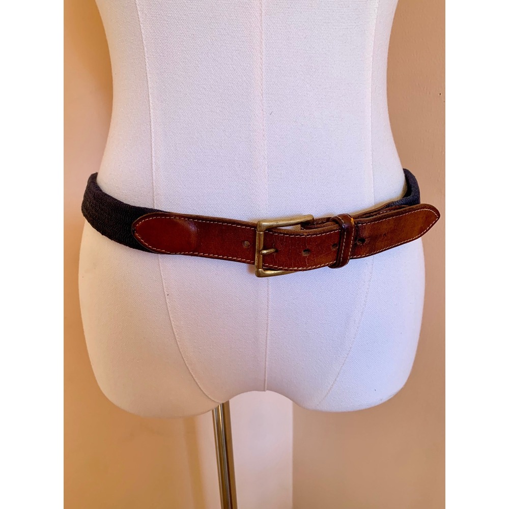 Trafalgar Mens Woven Braided Belt Navy Blue Brown Leather Brass Buckle USA Sz 36
